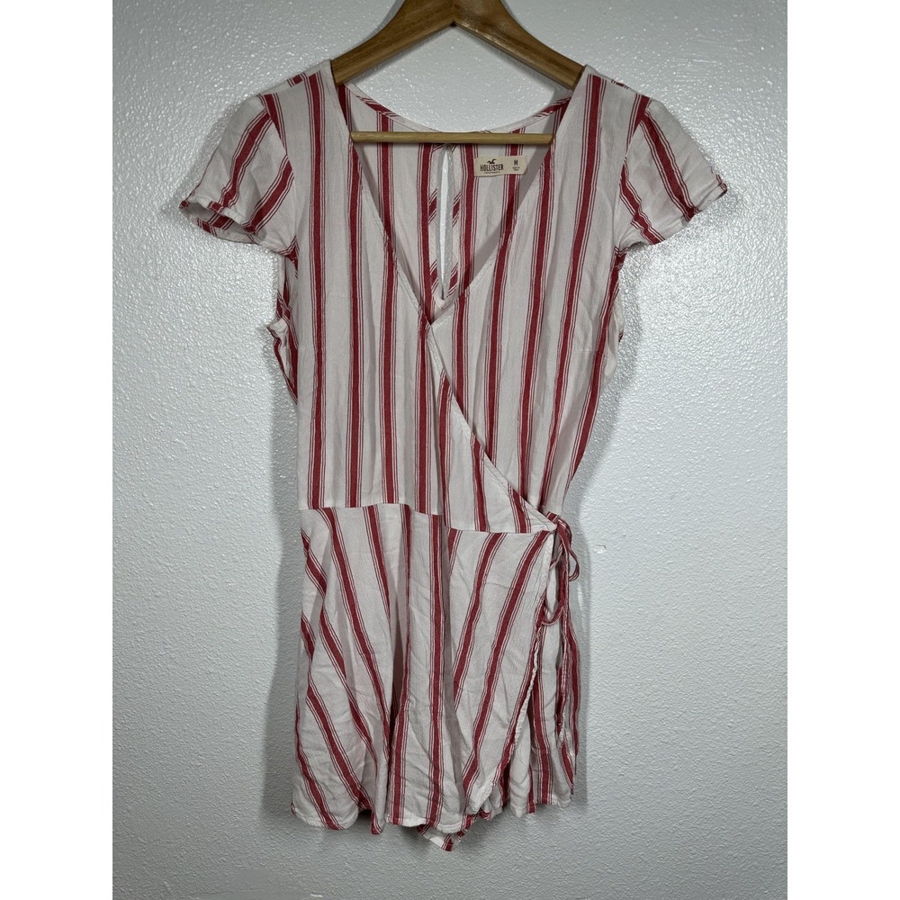 Hollister Romper Womens Medium White Red Stripe Wrap Tie Waist Short Sleeve
